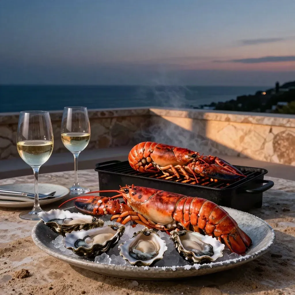 Astice alla griglia con ostriche, vino bianco e mare al tramonto sulla terrazza