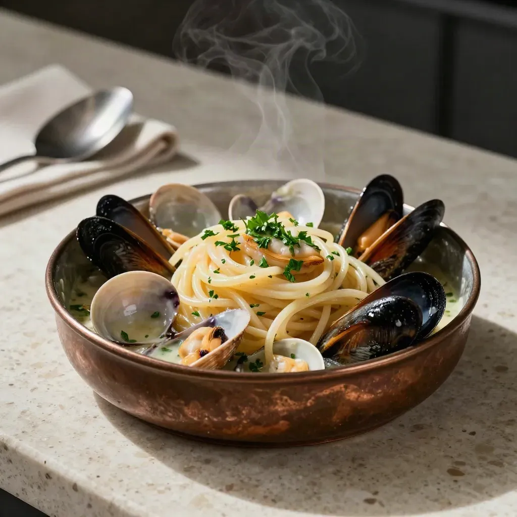 Spaghetti alle vongole in una ciotola di bronzo, con vapore e salsa lucida su pietra chiara.