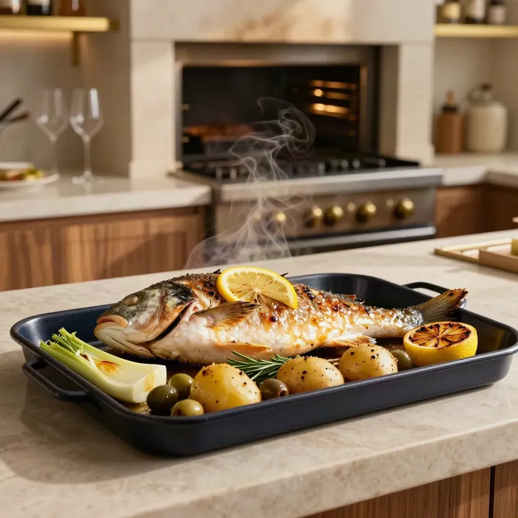 Pesce del giorno al forno con finocchi, patate, olive e glassa agrumata.