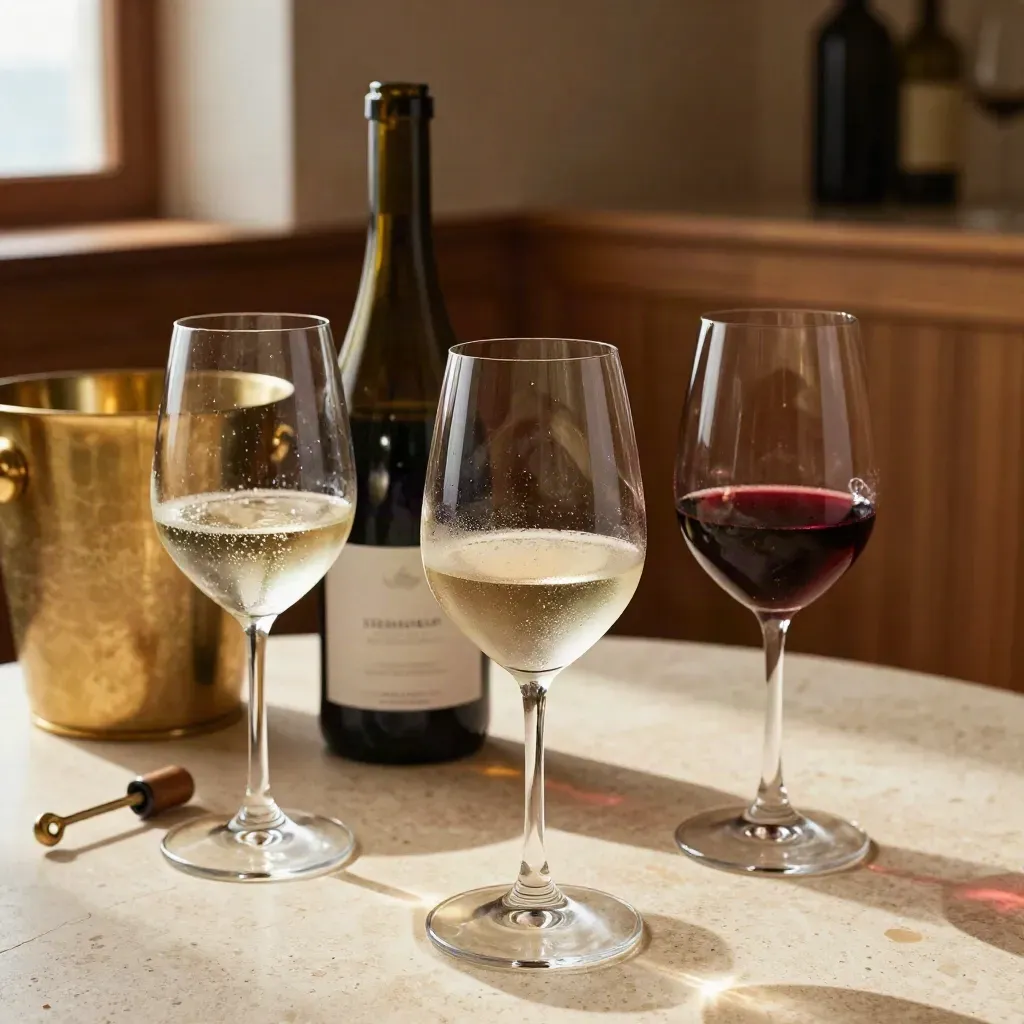 Tre calici di vino con bottiglia, secchiello e cavatappi in una luce calda ed elegante