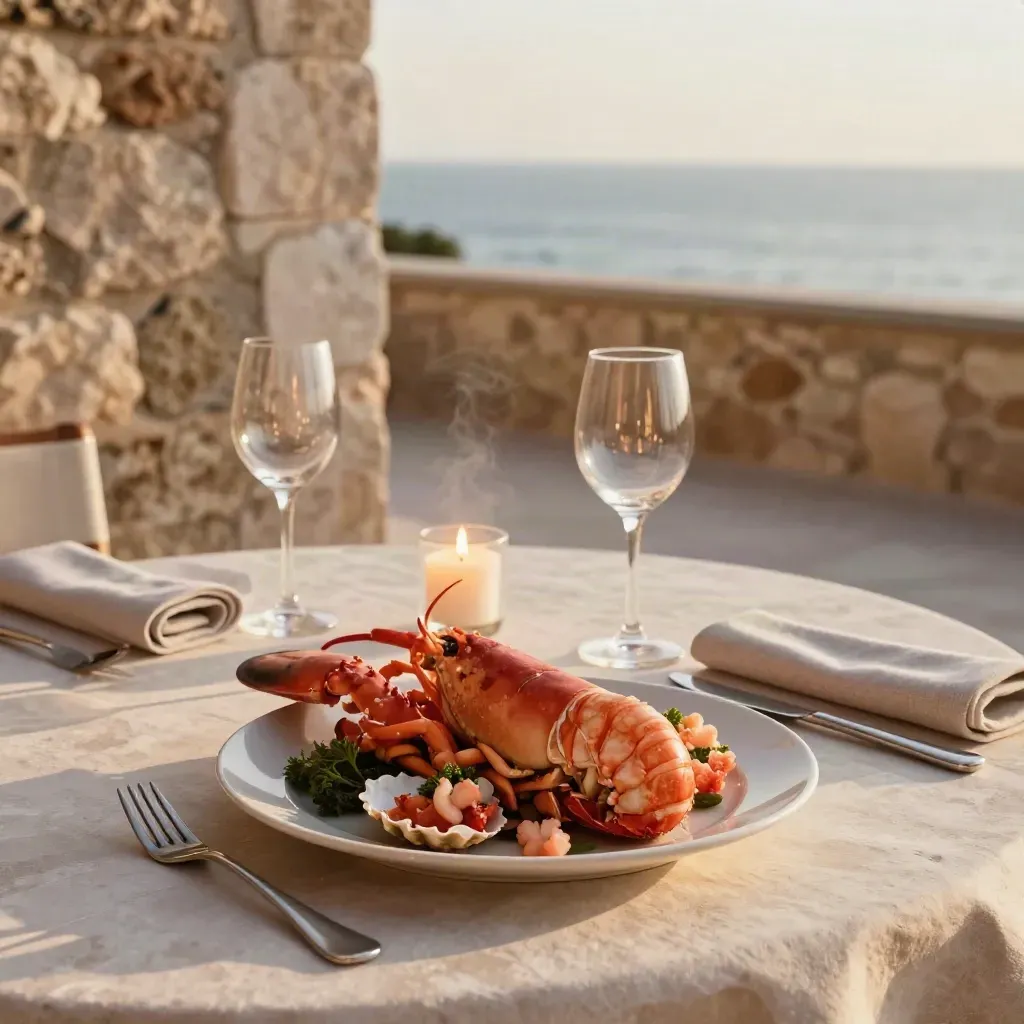 Tavolo per due con astice, calici di vino e luce sul mare al tramonto.