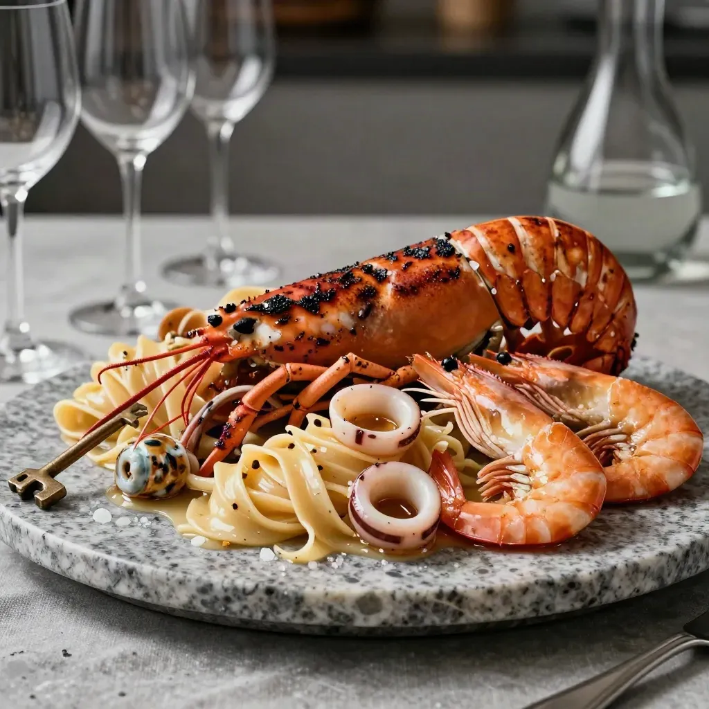 Primo piano di grigliata di mare e pasta servite su lino e travertino, atmosfera elegante.