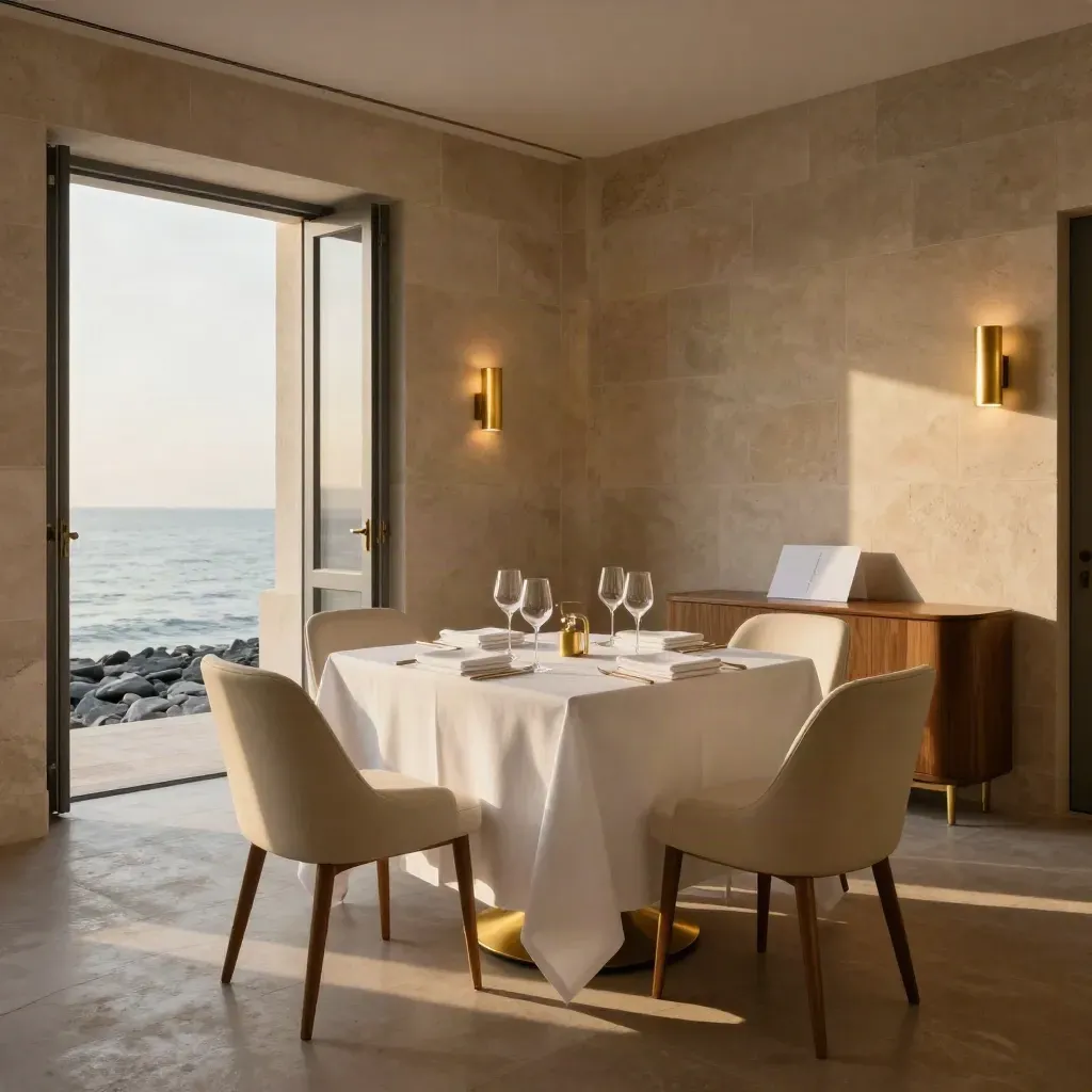 Sala privata vista mare con tavolo apparecchiato e luce radente sul mare.