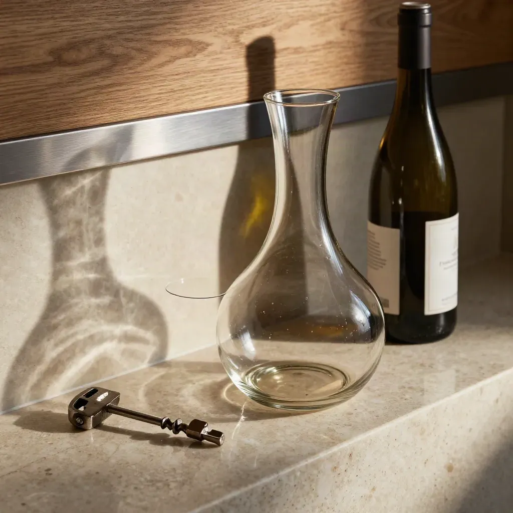 Decanter, calice e cavatappi su una mensola di cantina, luce radente e atmosfera marina raffinata.