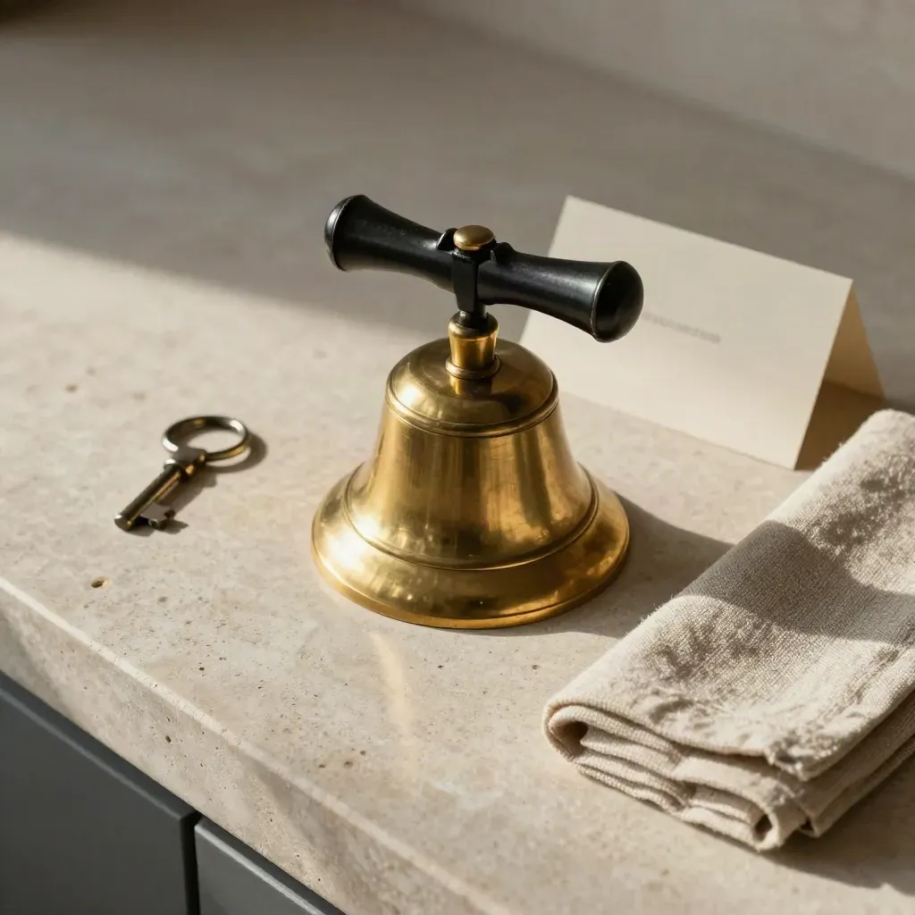 Campanello in ottone, cornetta vintage, chiavi e lino su pietra chiara