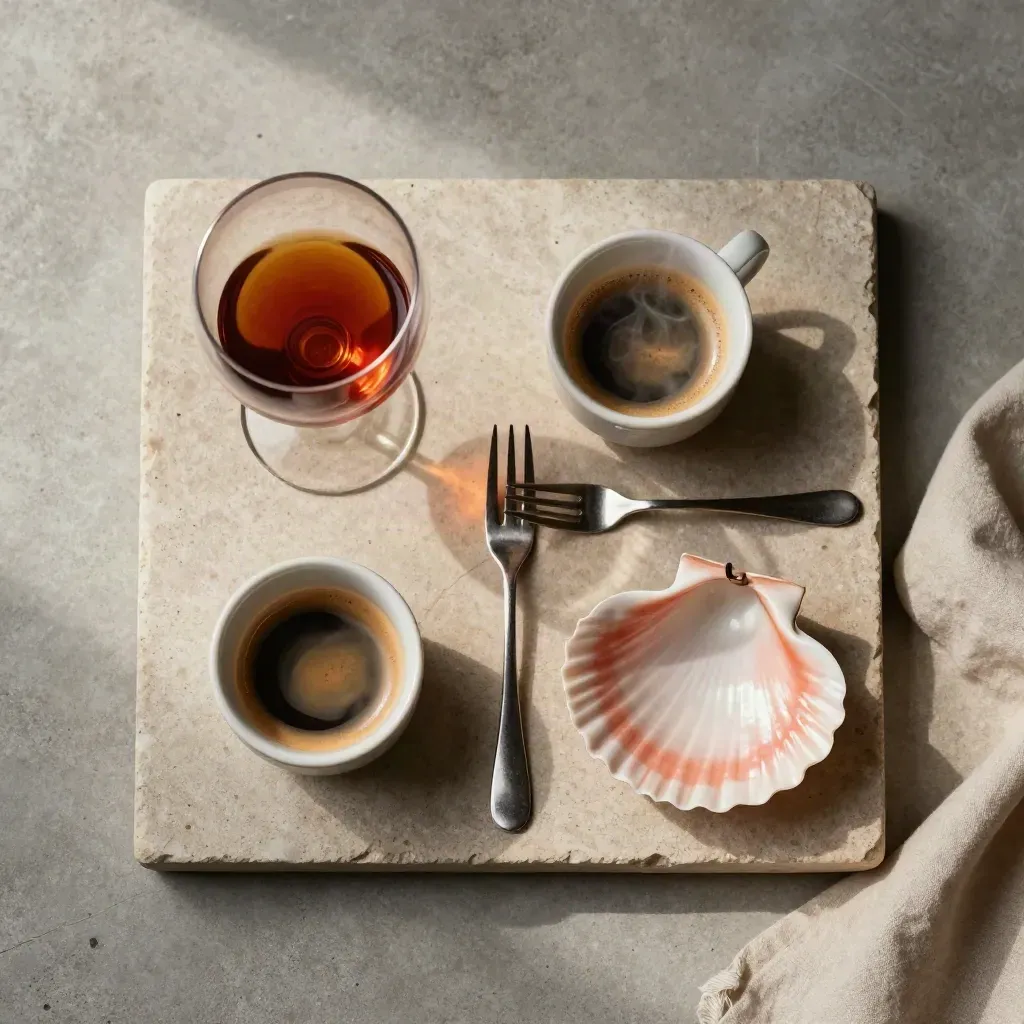 Flatlay dall'alto con amaro, tazzina di espresso, forchettina e piattino a conchiglia su vassoio in pietra.