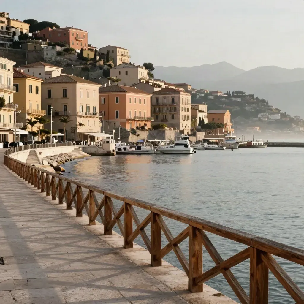 Veduta di Salerno sul mare al tramonto, con marina calma e architetture pastello in alto