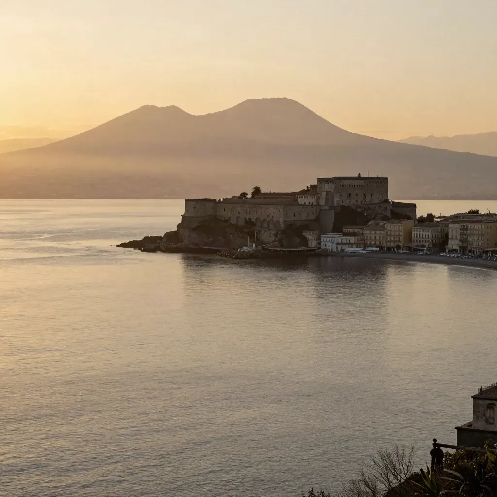 Baia di Napoli al tramonto con Castel dell’Ovo e Vesuvio tra foschia dorata.