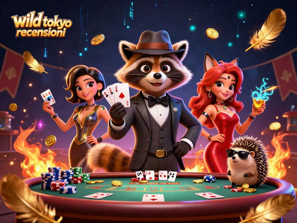 Engaging scene showcasing wild tokyo recensioni with raccoon, fox, and hedgehog around poker elements.